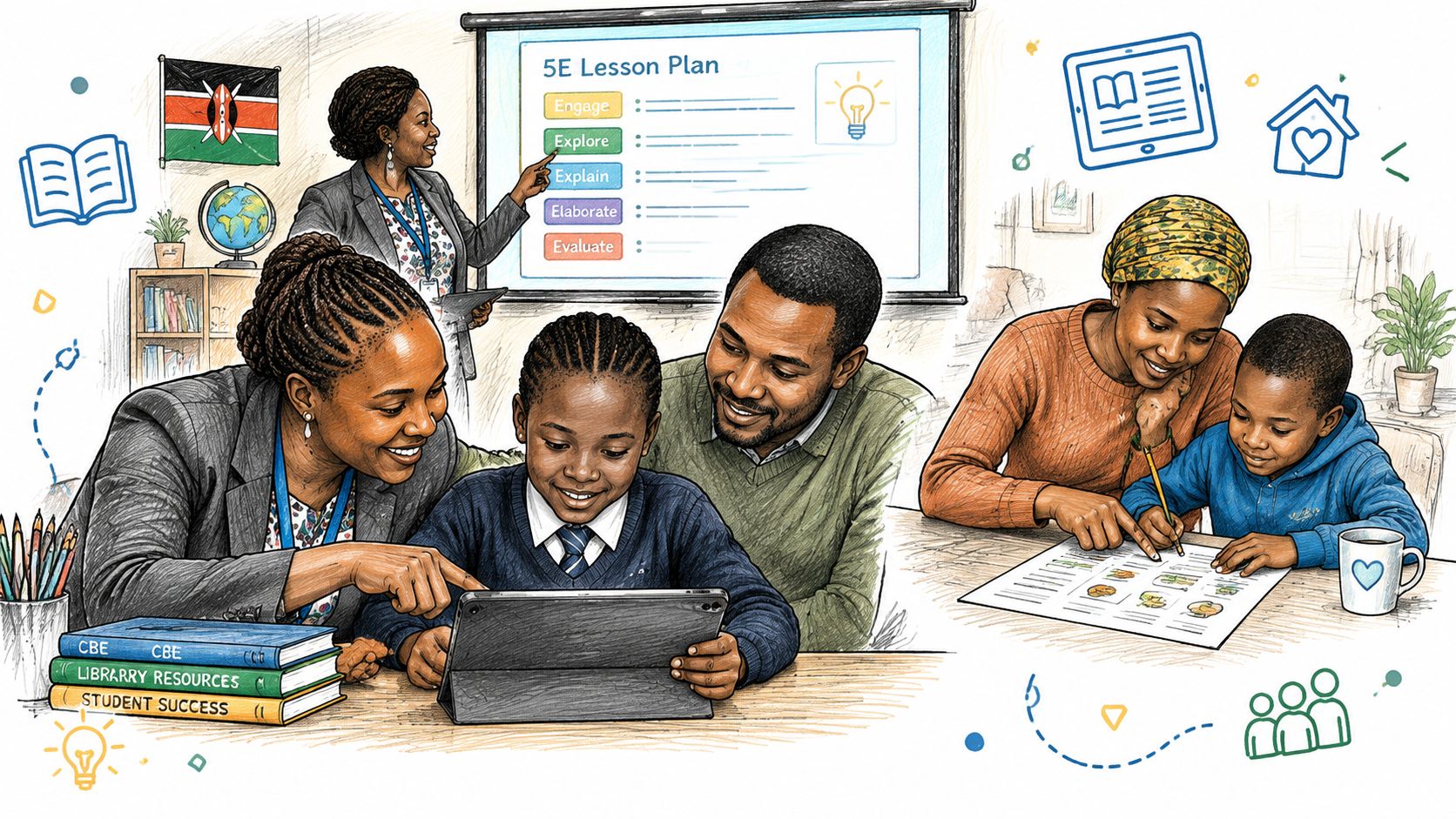 A teacher, parents, and students engaging with digital and printed learning materials in a classroom setting.
