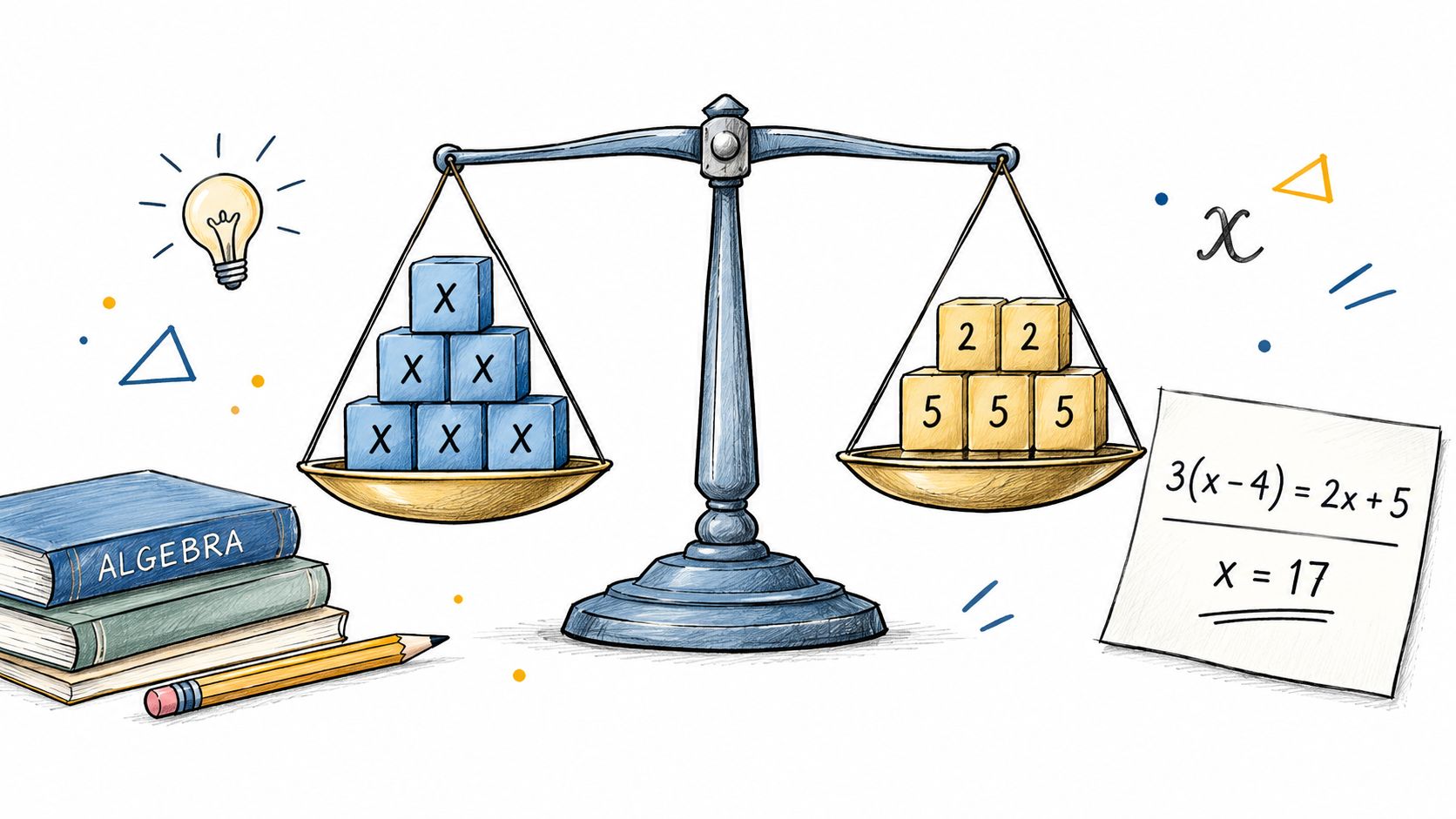 A conceptual illustration of an algebraic scale balance with labeled blocks and a math equation note.