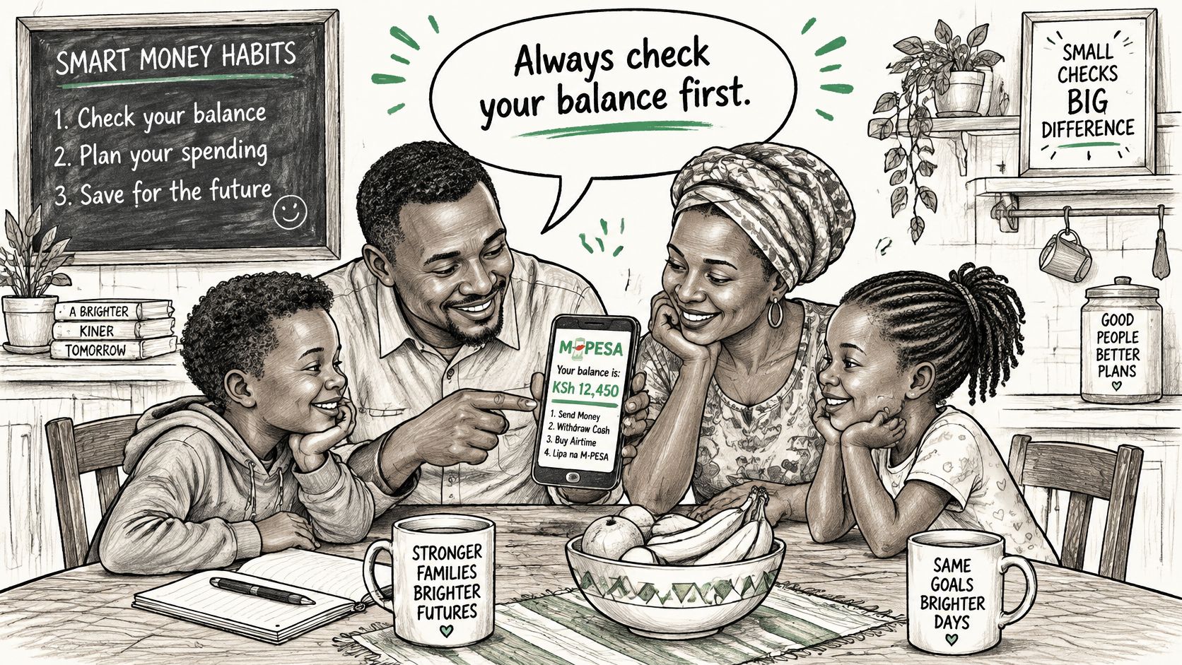 A family gathered around a table looking at an M-PESA balance on a smartphone screen.
