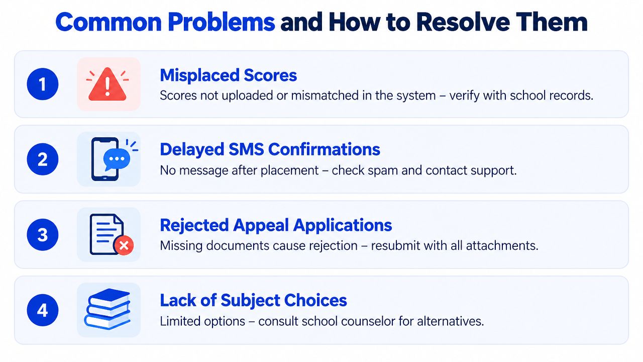 A list of four common educational placement problems and their suggested solutions for students and parents.