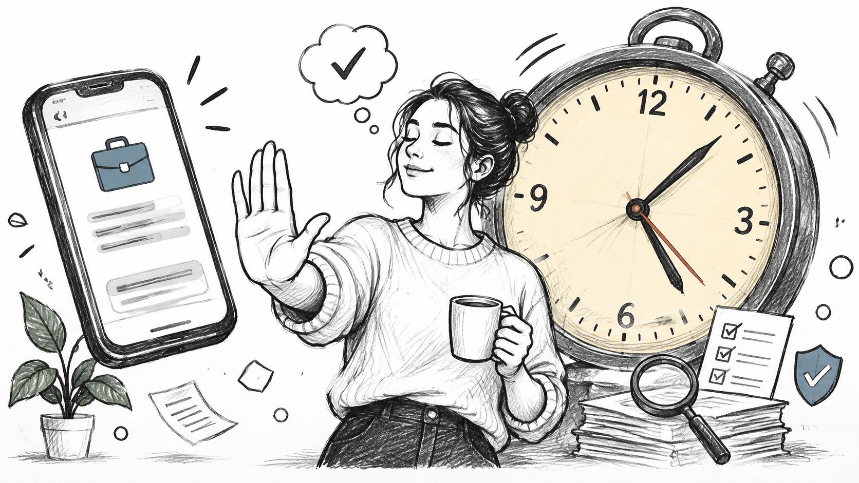 A woman confidently rejecting a suspicious job offer on a smartphone with a clock in the background.