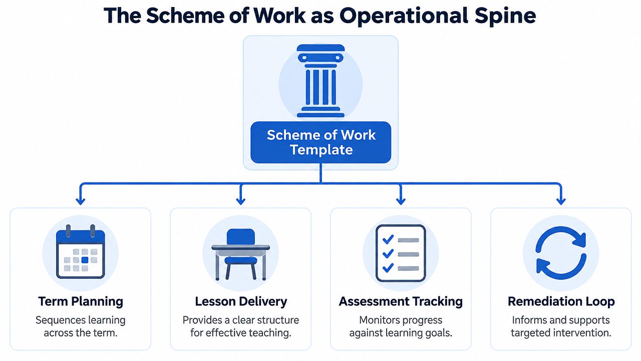 A diagram illustrating the Scheme of Work template as the operational spine for four educational pillars.