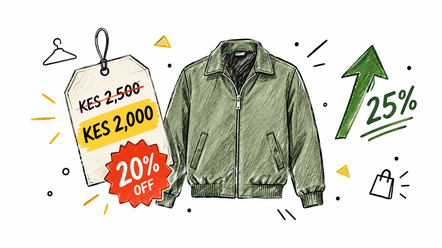 A sketched illustration of a green jacket with a price tag showing a 20 percent discount.