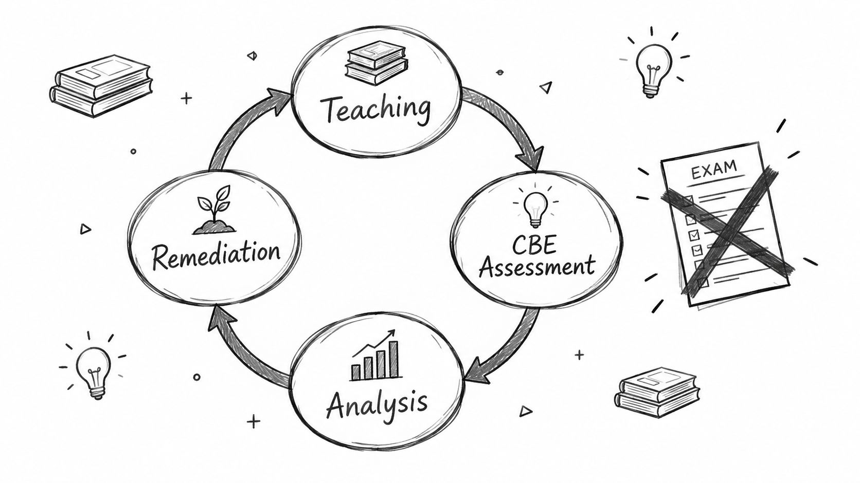 A circular educational workflow diagram featuring four steps: teaching, CBE assessment, analysis, and remediation.