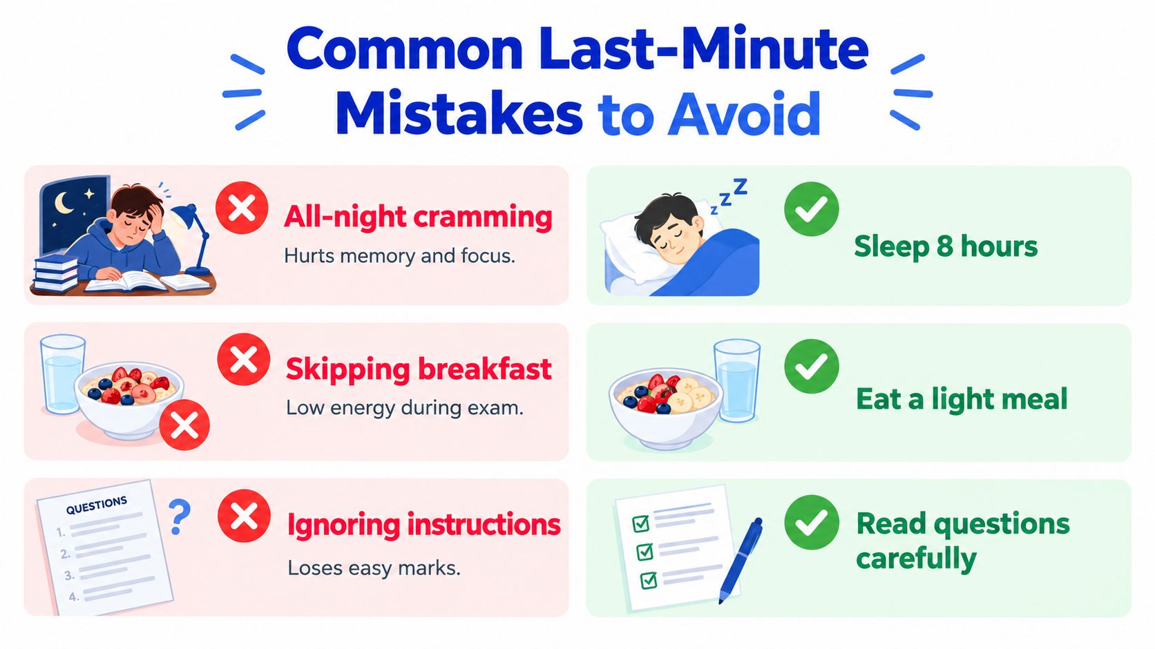 A visual guide contrasting harmful last-minute exam habits with recommended healthy strategies for better student performance.