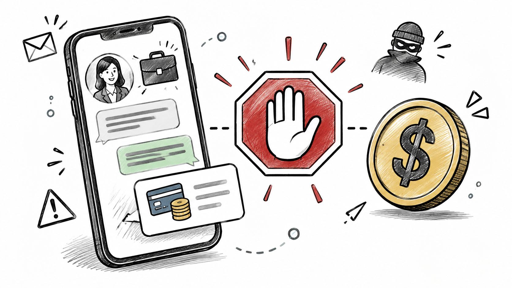 A hand-drawn illustration showing a smartphone with a job scam notification, a stop sign, and a thief.