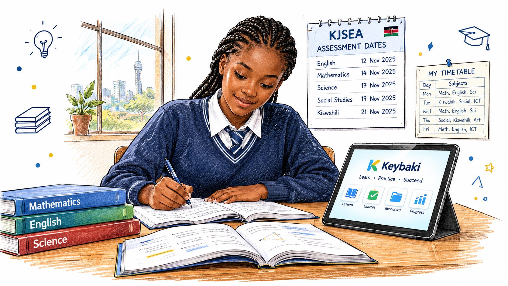A young female student studying at a desk with books, a tablet, and a study schedule.