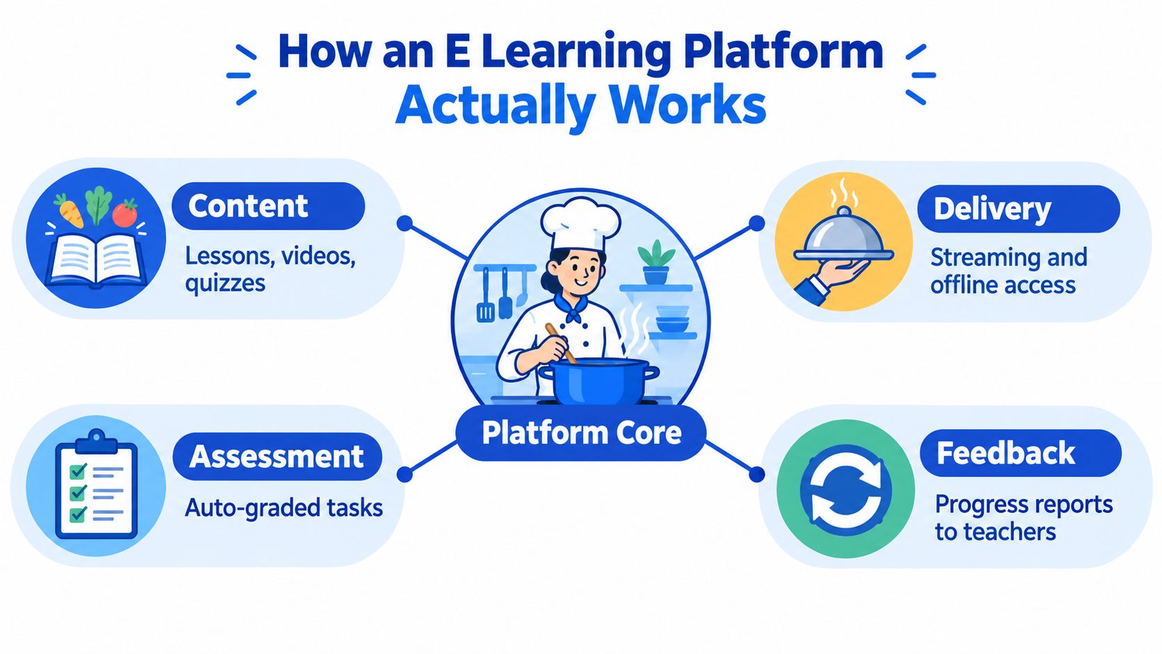 An infographic illustrating how an e-learning platform functions, featuring a chef analogy for content delivery and assessment.