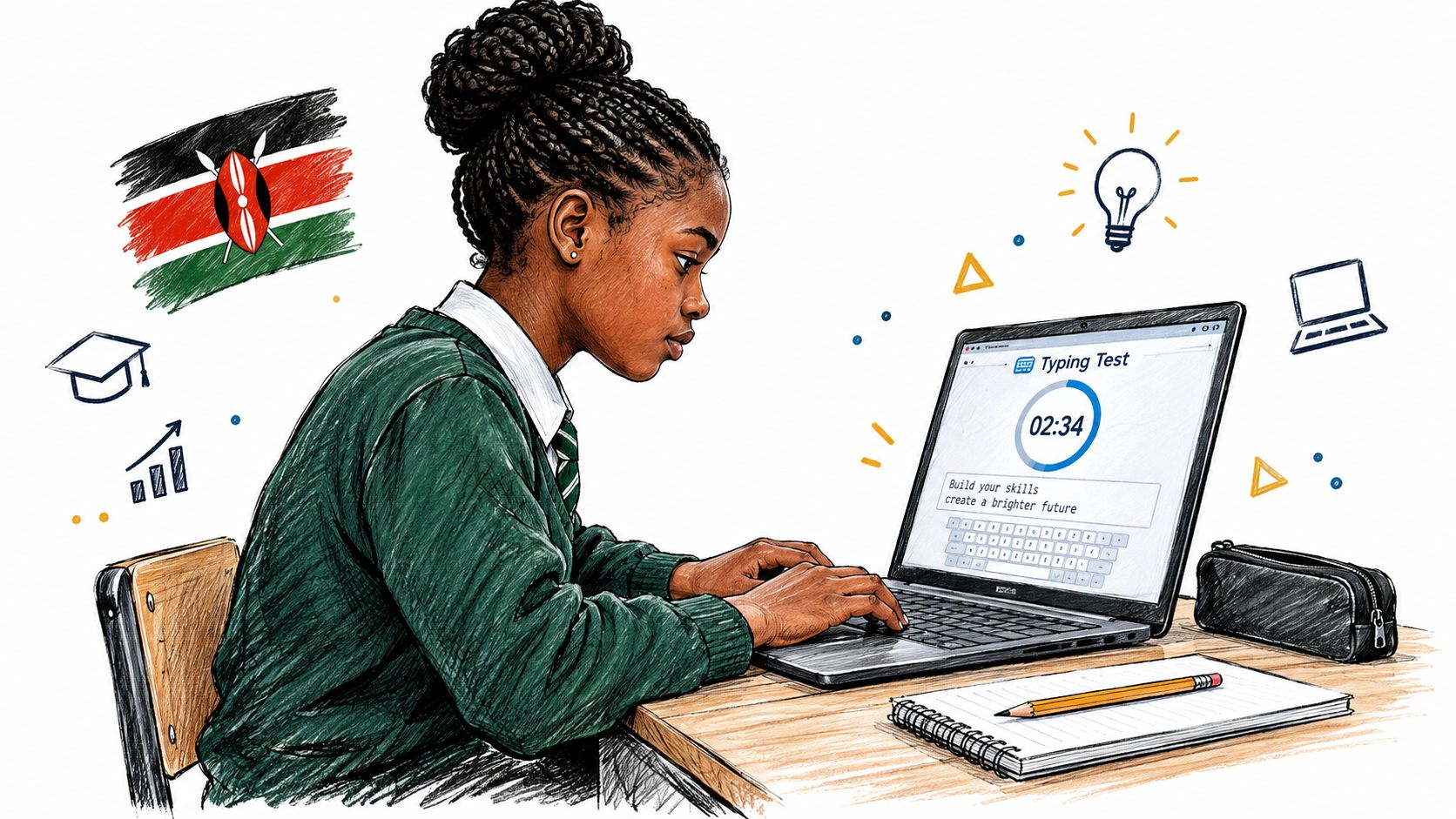 A young female student in a uniform focusing intently while practicing her typing skills on a laptop.