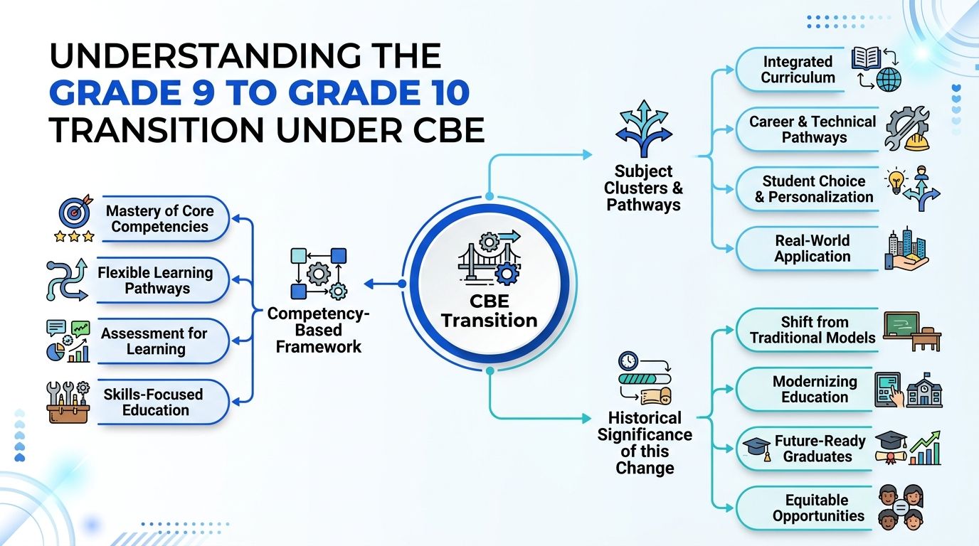 An infographic showing the Grade 9 to Grade 10 transition under a Competency-Based Education framework.