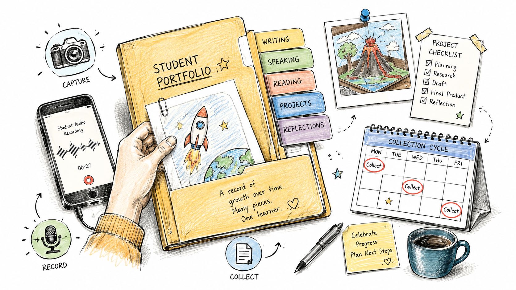 A hand organizing a student portfolio folder with various tabs, checklist, collection calendar, and digital recording tools.