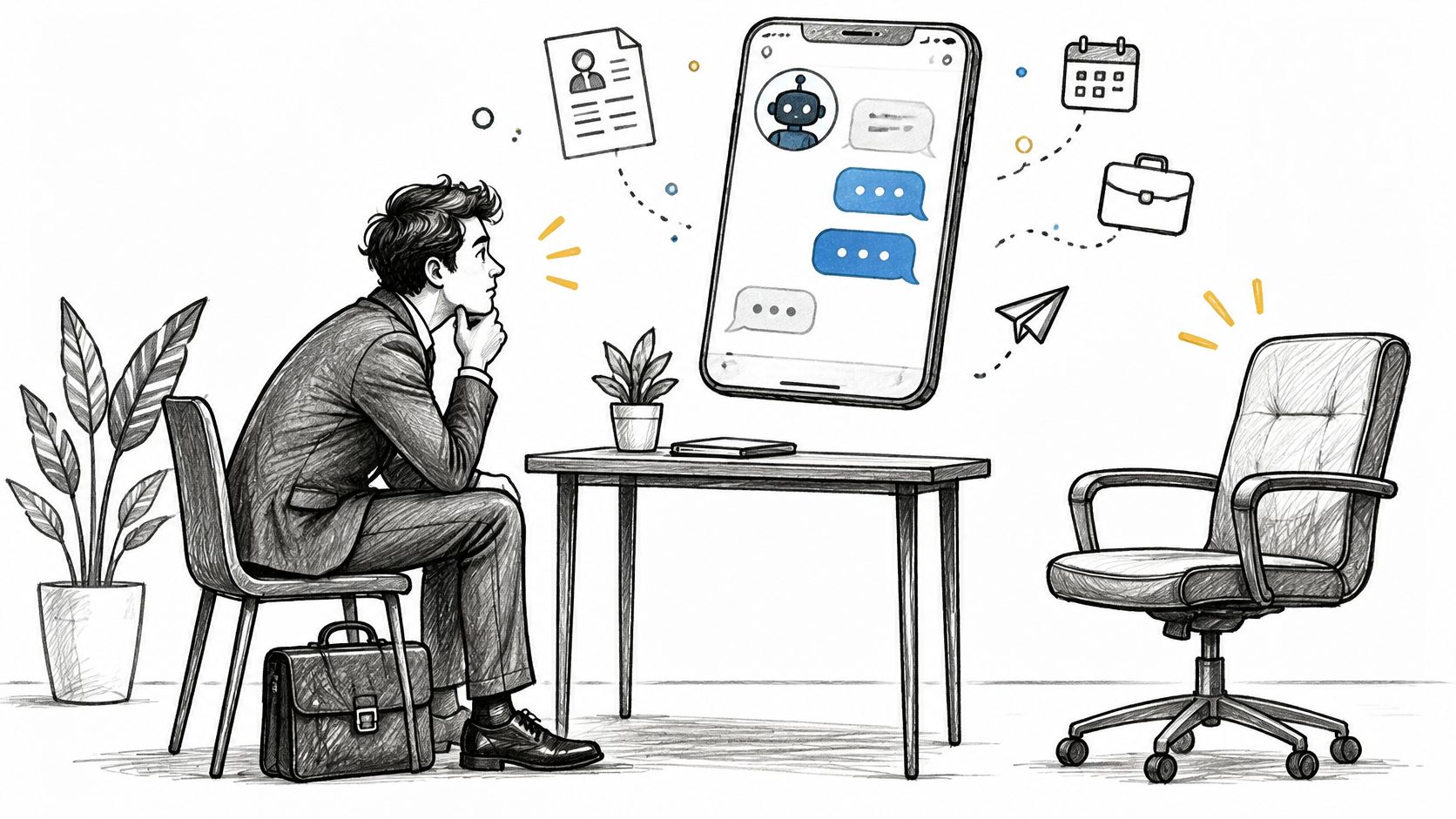 A professional man sitting at a desk contemplating a virtual chatbot interface on a floating smartphone screen.