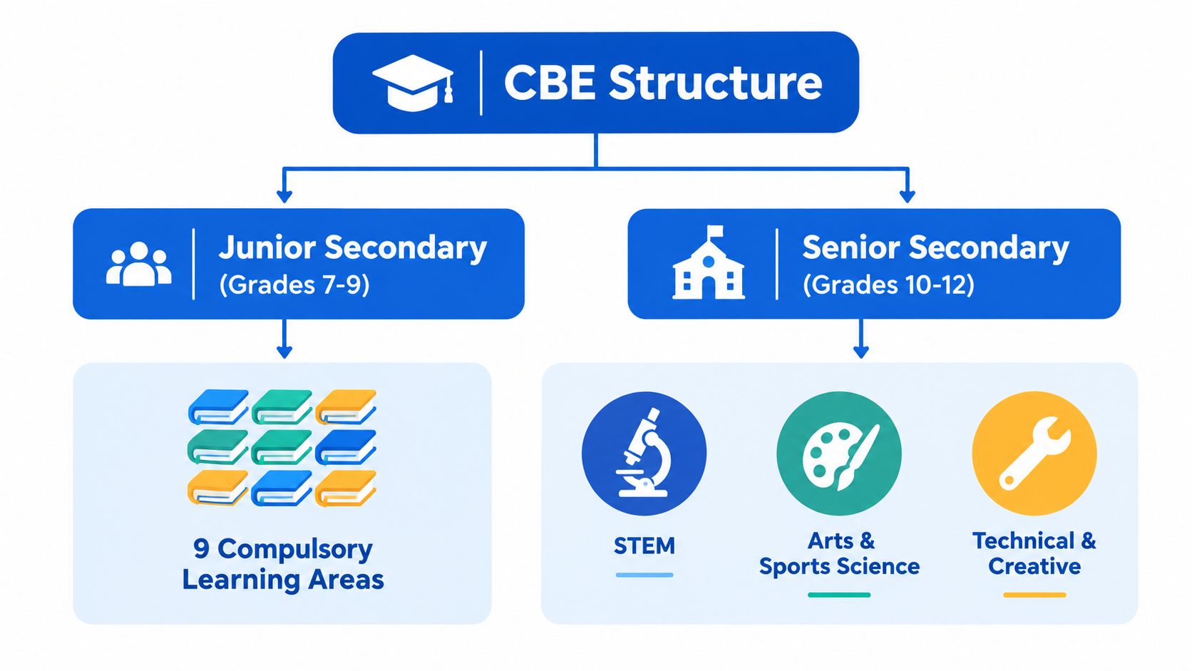 A diagram illustrating the Competency Based Education (CBE) structure, divided into Junior Secondary and Senior Secondary pathways.