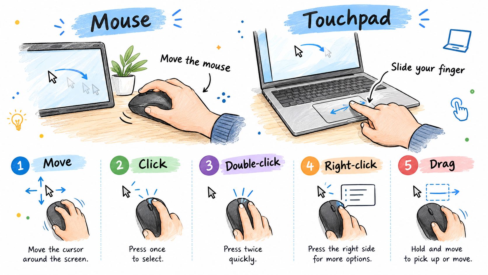 A helpful infographic illustration showing common mouse and touchpad gestures for beginner computer users.
