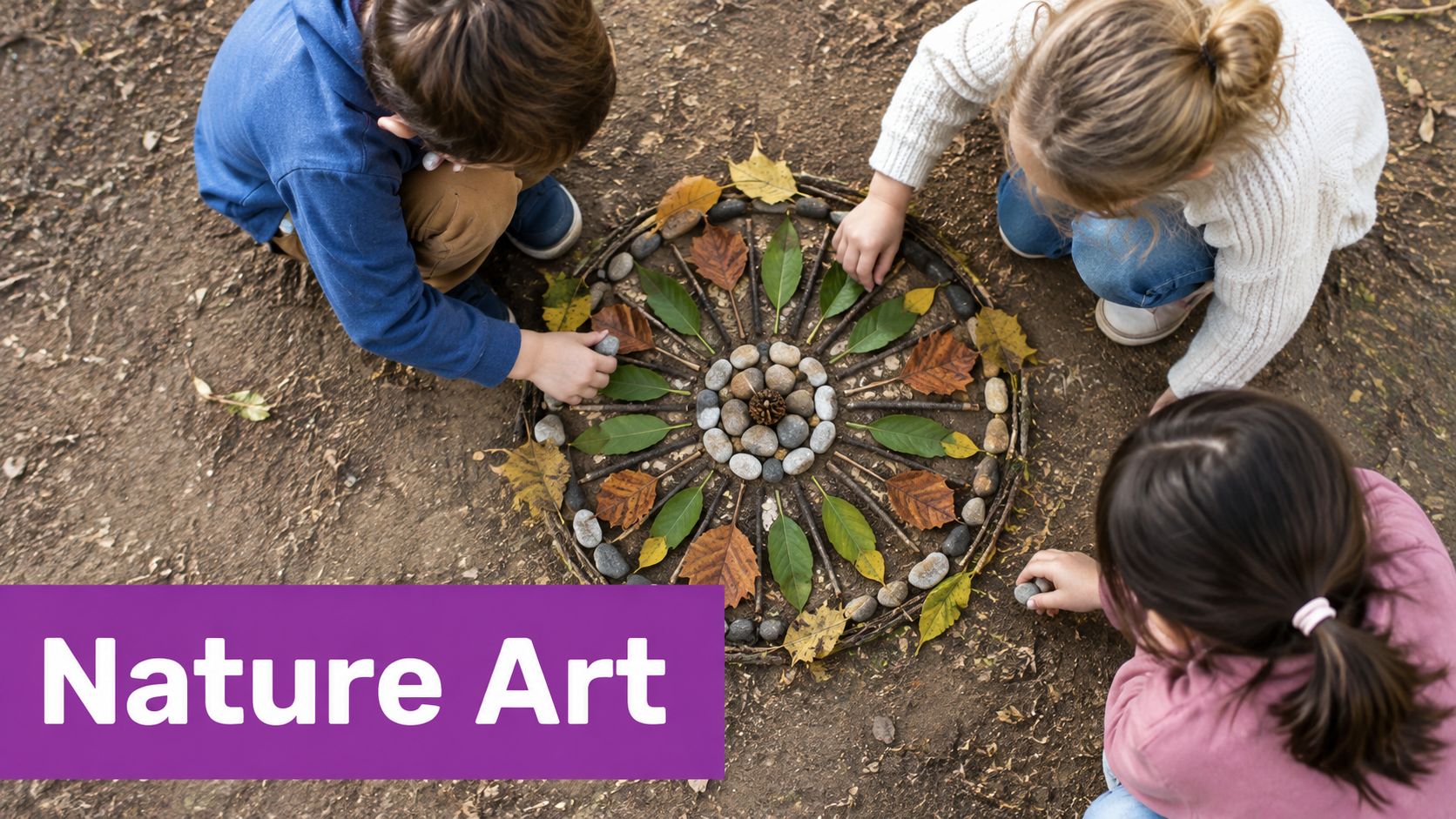 Three children working together on a beautiful nature art project using leaves, sticks, and stones.