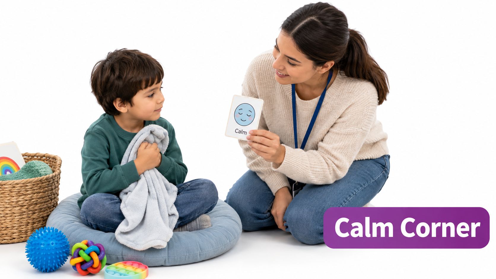 A teacher shows a calm emotion card to a young child sitting on a cushion with a blanket.