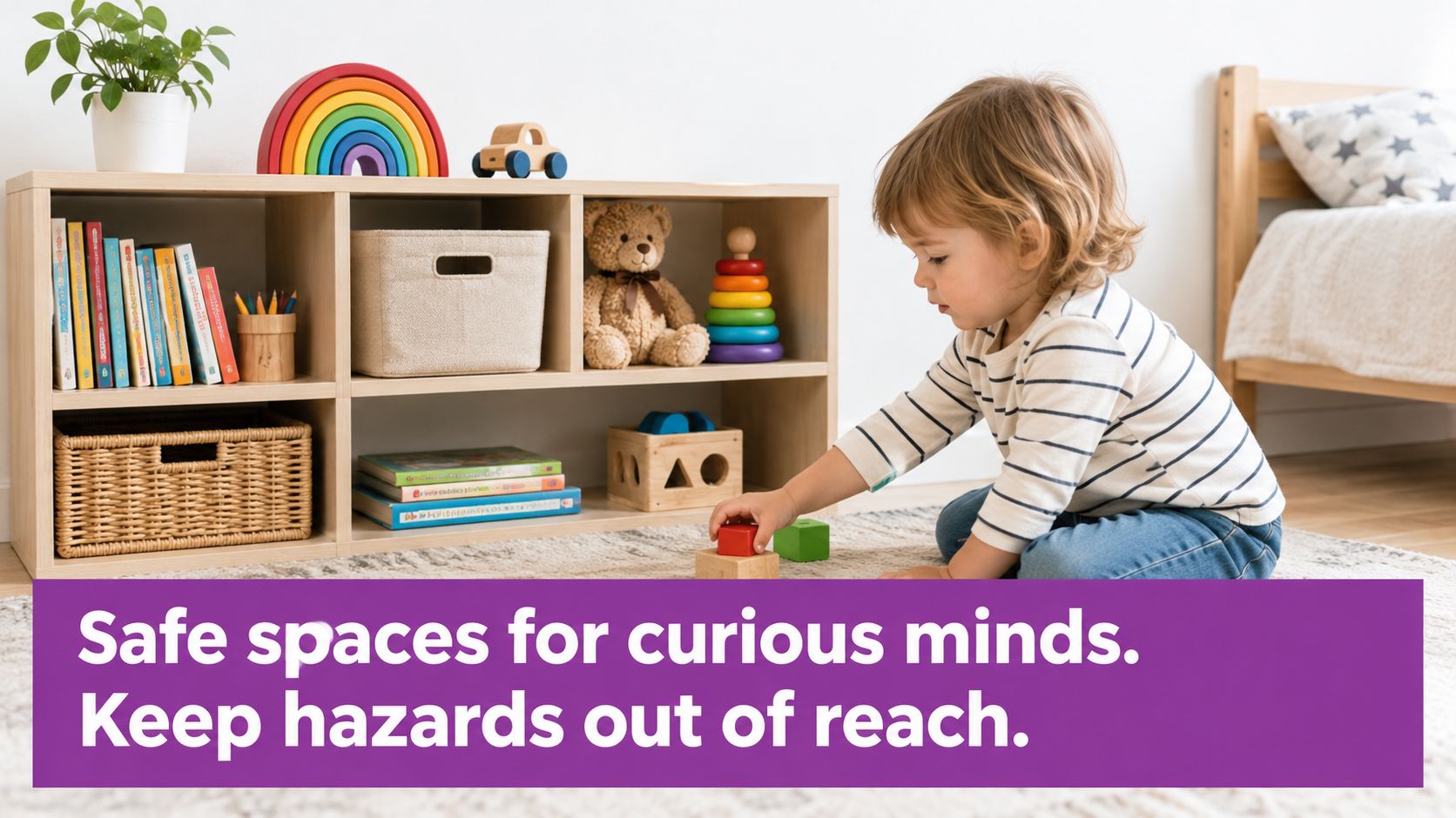 A toddler playing with wooden blocks on the floor in front of a well-organized toy shelf.