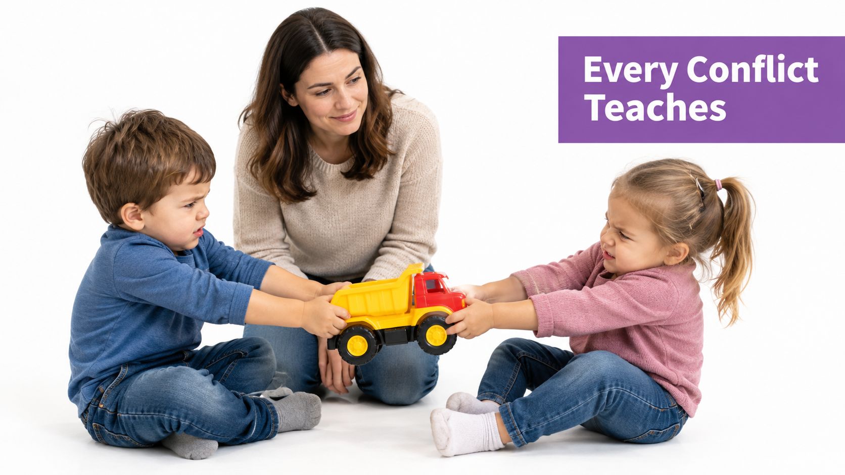 A mother watches calmly as a young boy and girl tug-of-war over a toy dump truck.