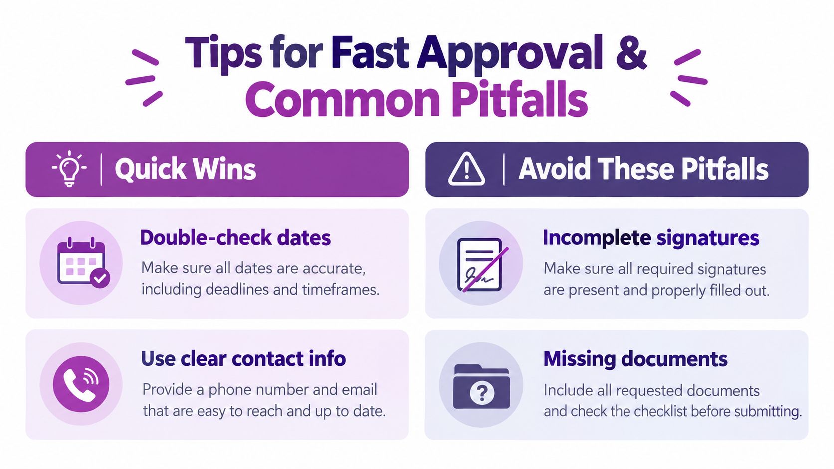 A helpful infographic outlining quick tips and common pitfalls for obtaining fast approval on important documents.