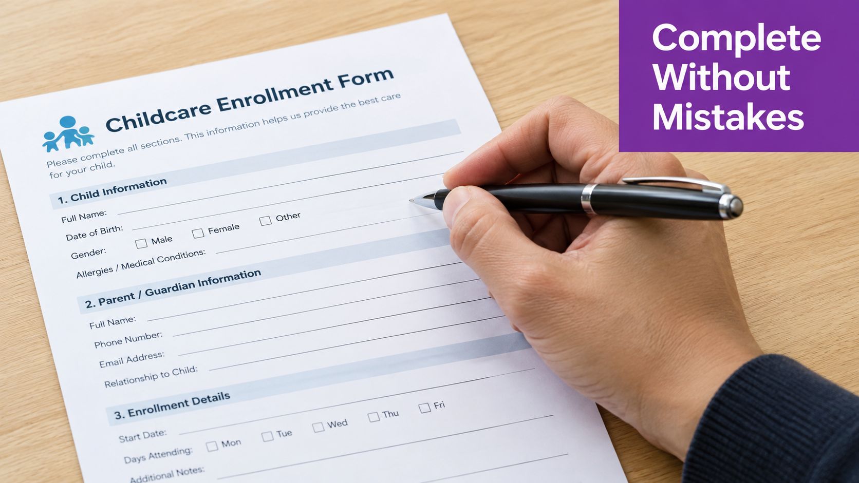 A person is filling out a childcare enrollment form with a black pen on a wooden desk.