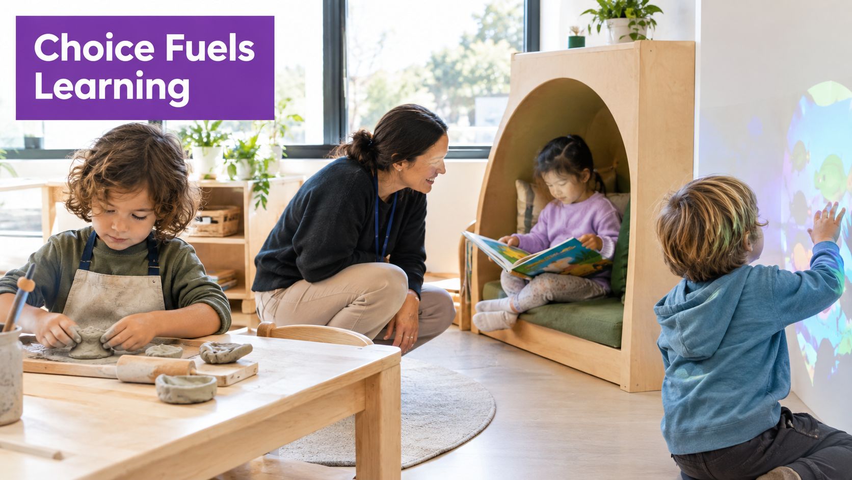 A teacher interacts with children engaged in clay work, reading, and digital play in a classroom.