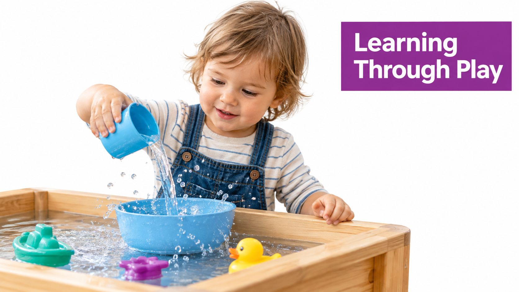 A happy toddler pouring water into a blue bowl inside a wooden sensory water play table.