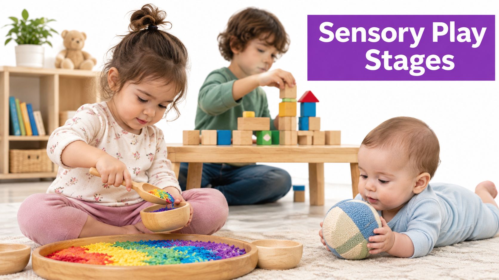Three children playing with sensory toys, including colorful rice and blocks, on a rug indoors.