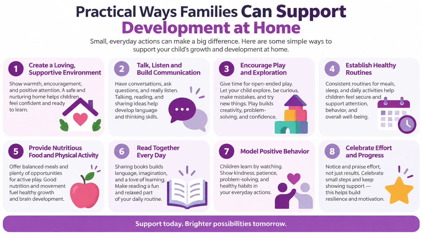 An infographic titled Practical Ways Families Can Support Development at Home with eight numbered tips for children.