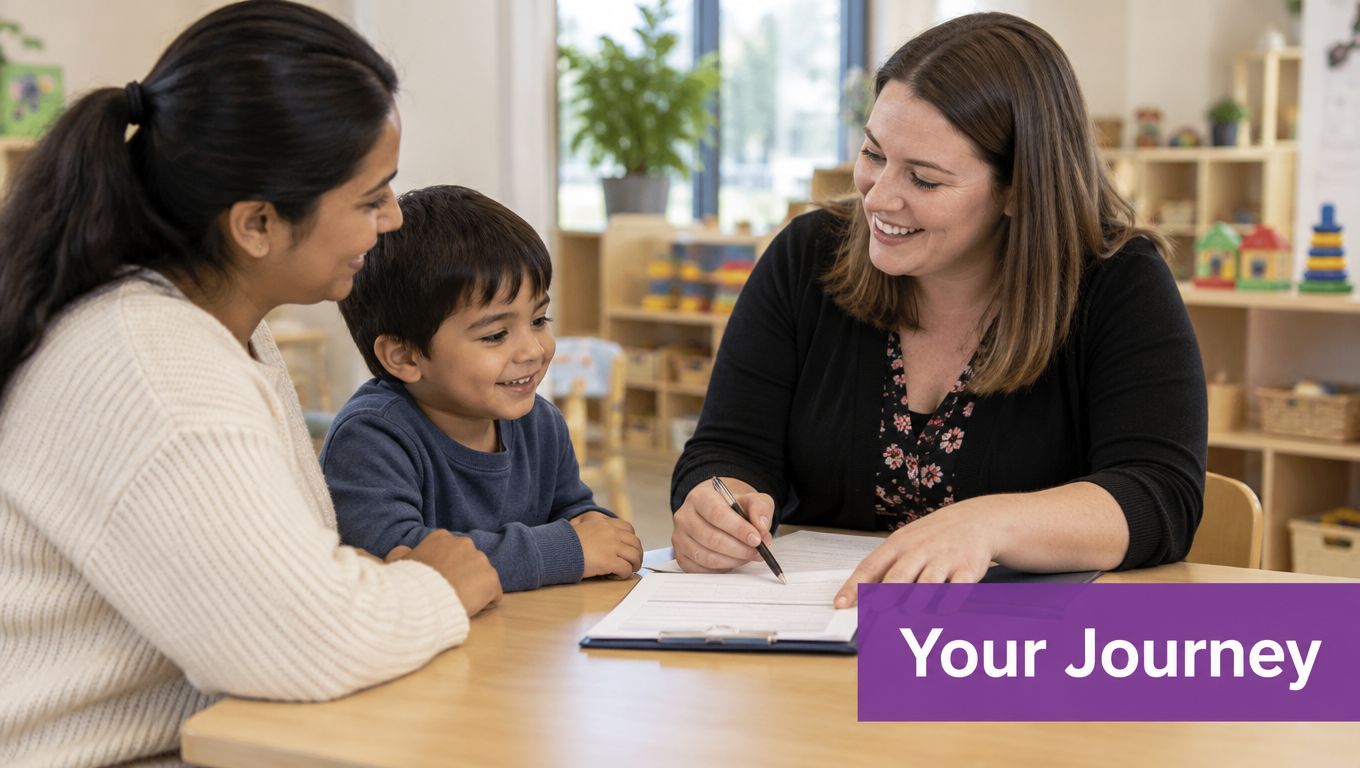 A teacher reviewing enrollment documents with a mother and her young son in a classroom setting.