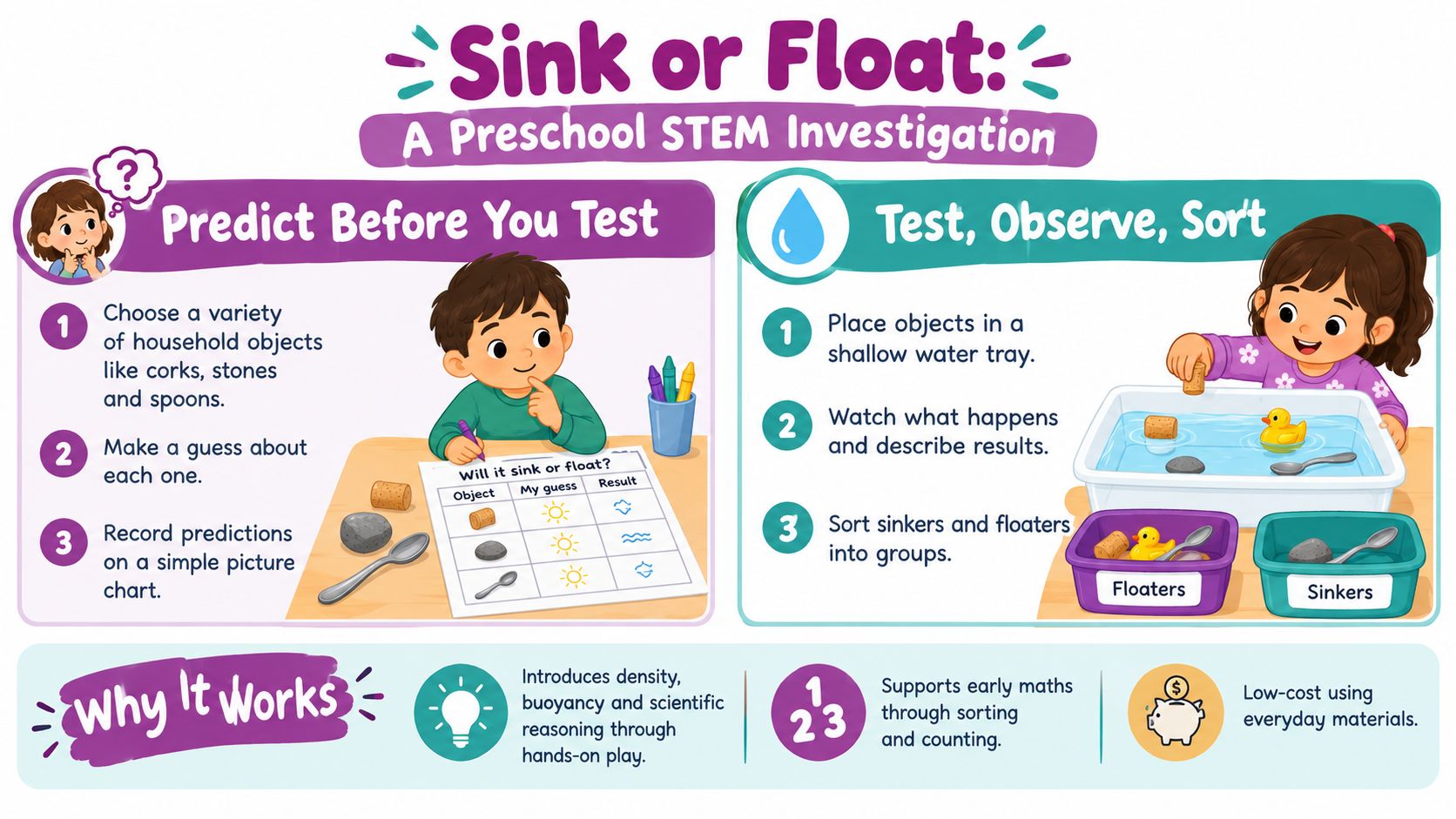 An educational infographic illustrating a preschool STEM activity about testing whether various household objects sink or float.