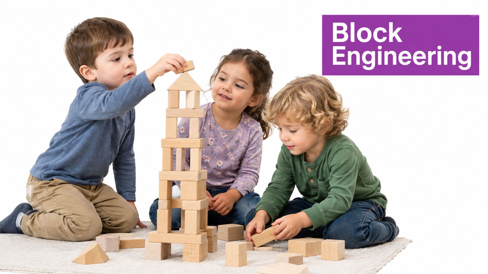 Three preschool children sitting on a rug collaboratively building a tall wooden block structure.