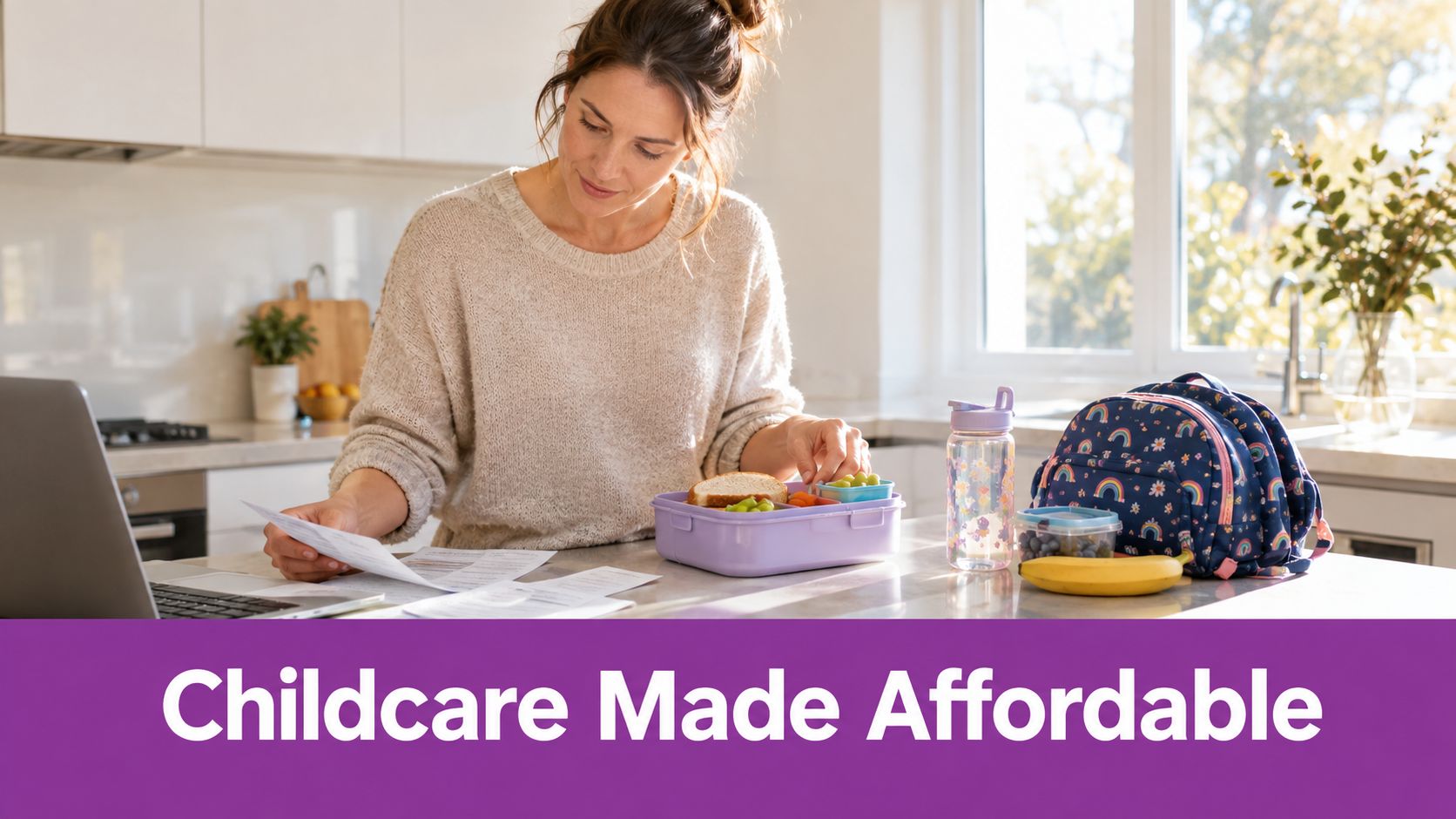 A woman reviewing documents while preparing a lunchbox for a child in a sunny kitchen.