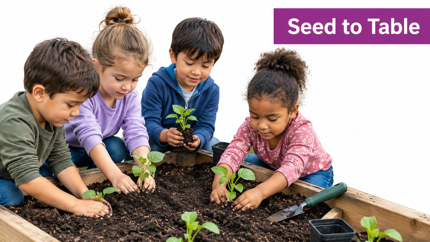 Diverse group of children learning about gardening by planting small seedlings together in a wooden raised bed.