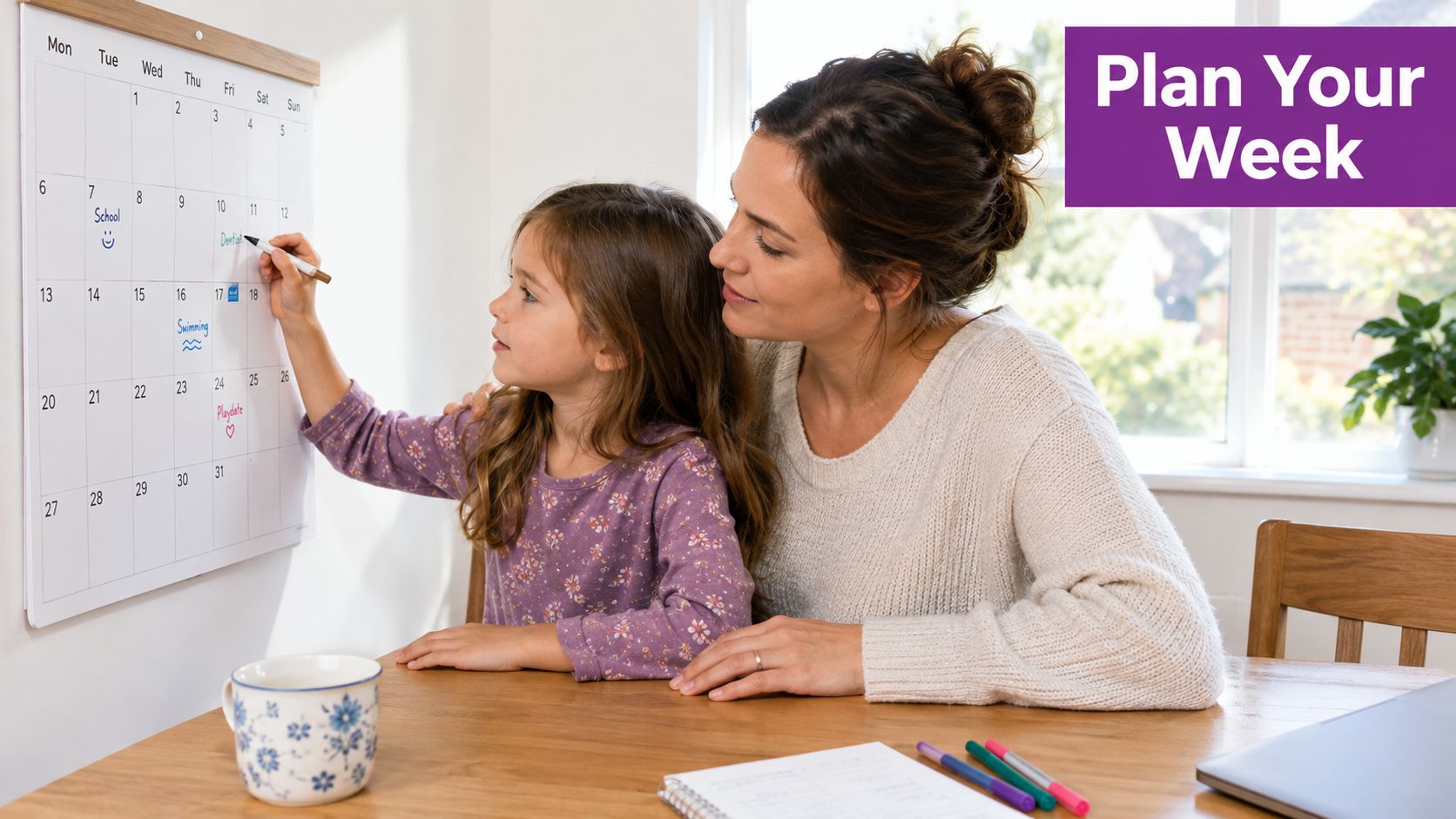 A young girl and her mother planning their upcoming week on a large wall calendar together.