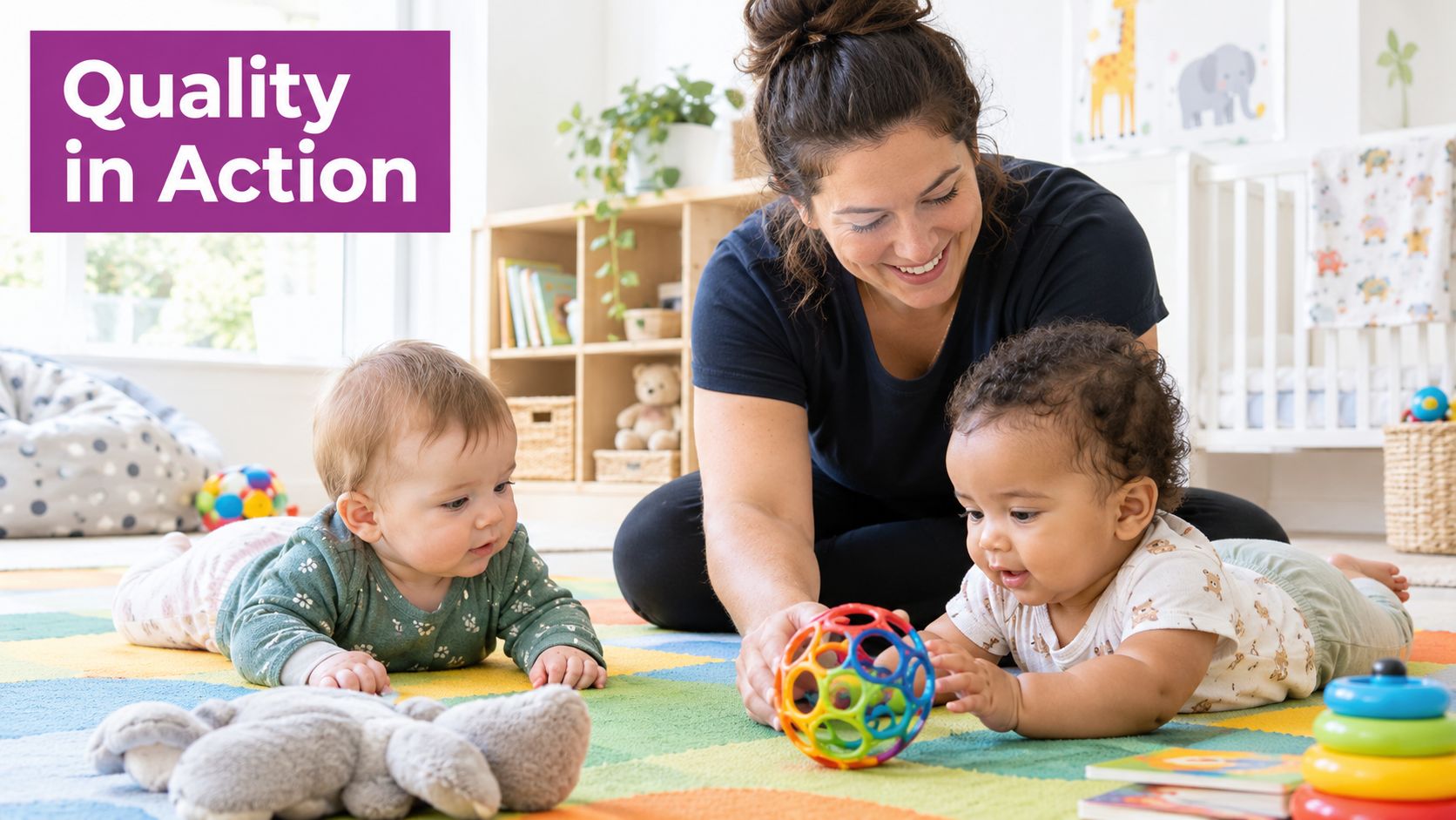 A smiling teacher sits on a colorful rug playing with two infants using a round toy.