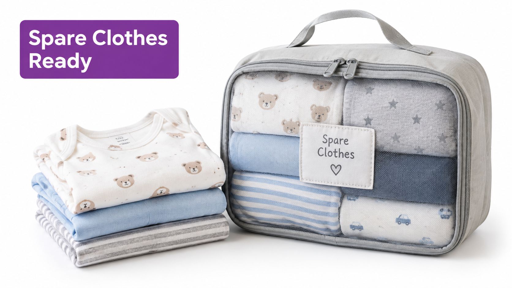 A gray storage organizer containing folded baby clothes next to a stack of infant garments on white.
