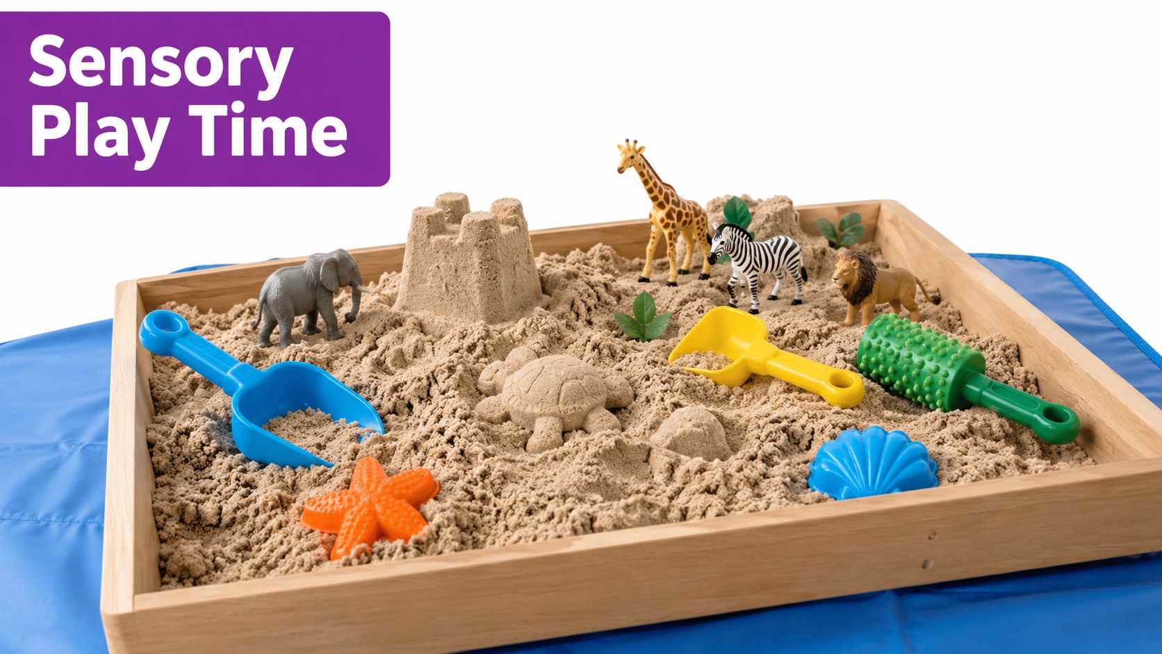 A wooden tray filled with kinetic sand, plastic animal figures, toy tools and shaped sand moulds for sensory play.