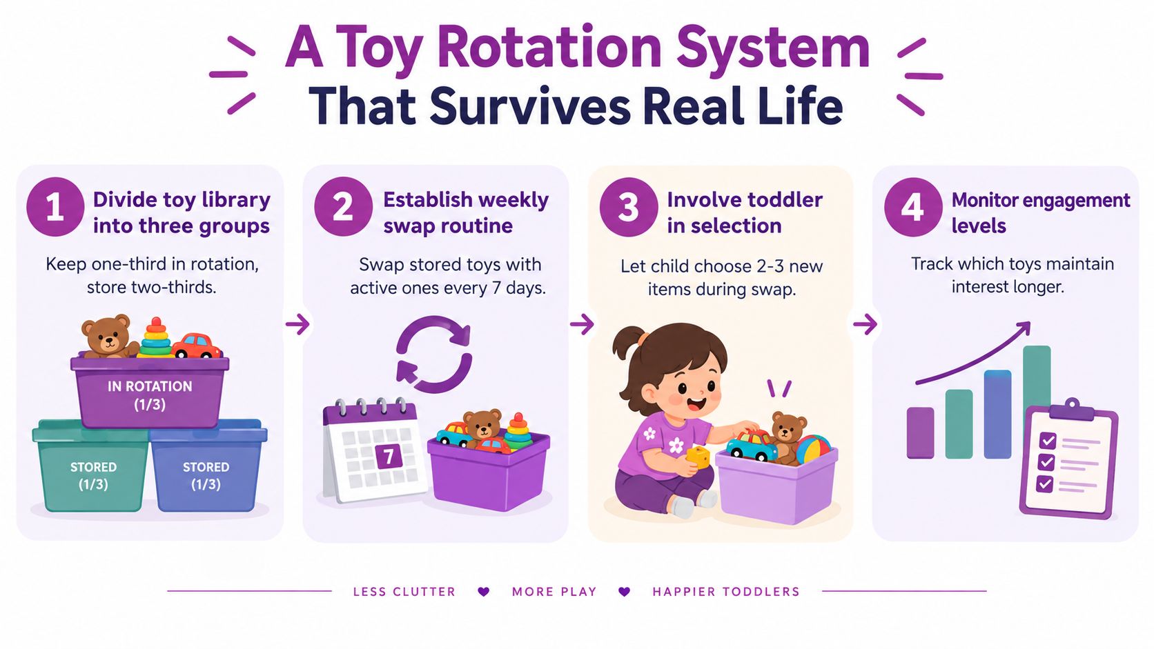 A four-step infographic illustrating a simple toy rotation system to manage household clutter for toddlers.