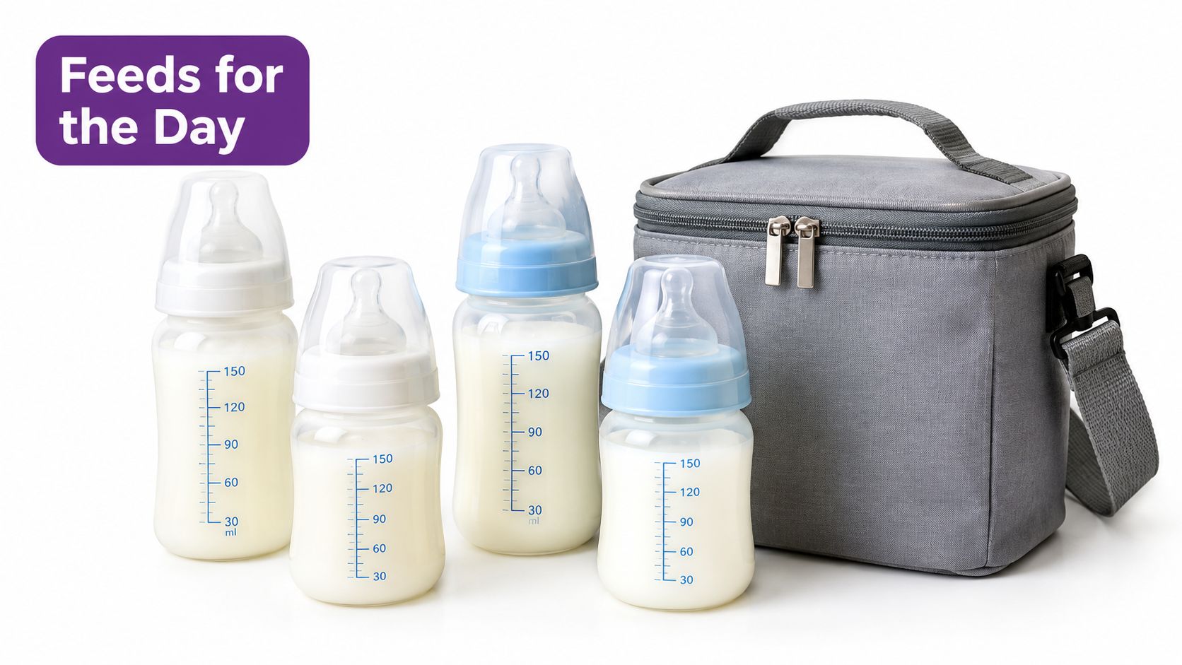 Four baby bottles filled with milk and a gray insulated cooler bag on a white background.