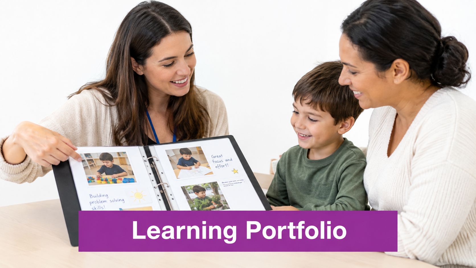 A teacher and a parent reviewing a young boy's educational learning portfolio together at a desk.