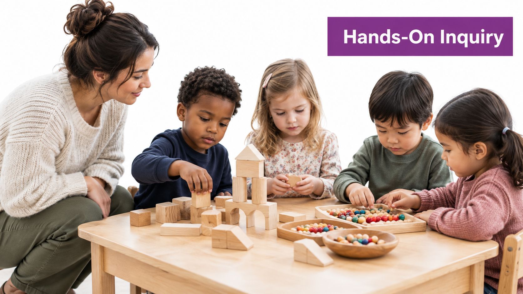 A teacher and four diverse young children engaging in hands-on inquiry with wooden blocks and counting beads.