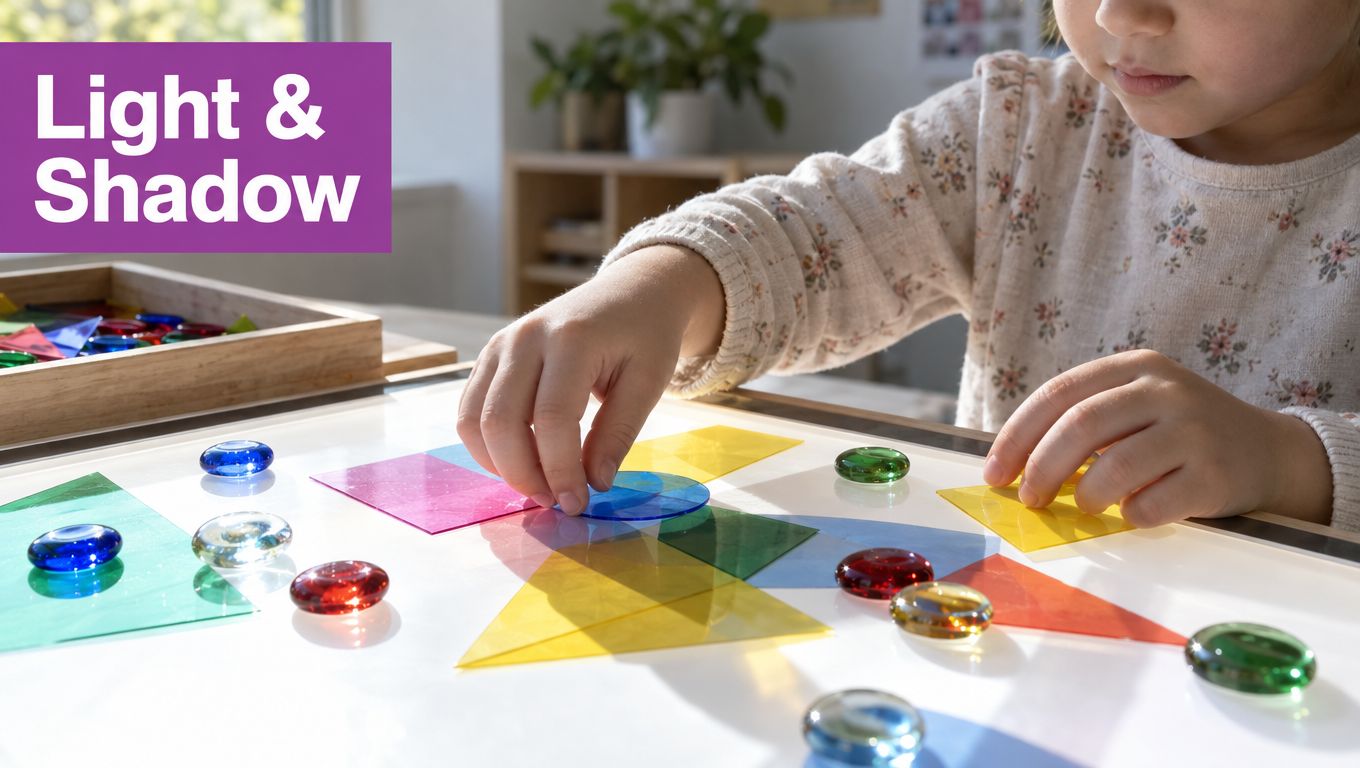 A preschool child engages in educational STEM activities by arranging colorful translucent geometric shapes on a lightbox.