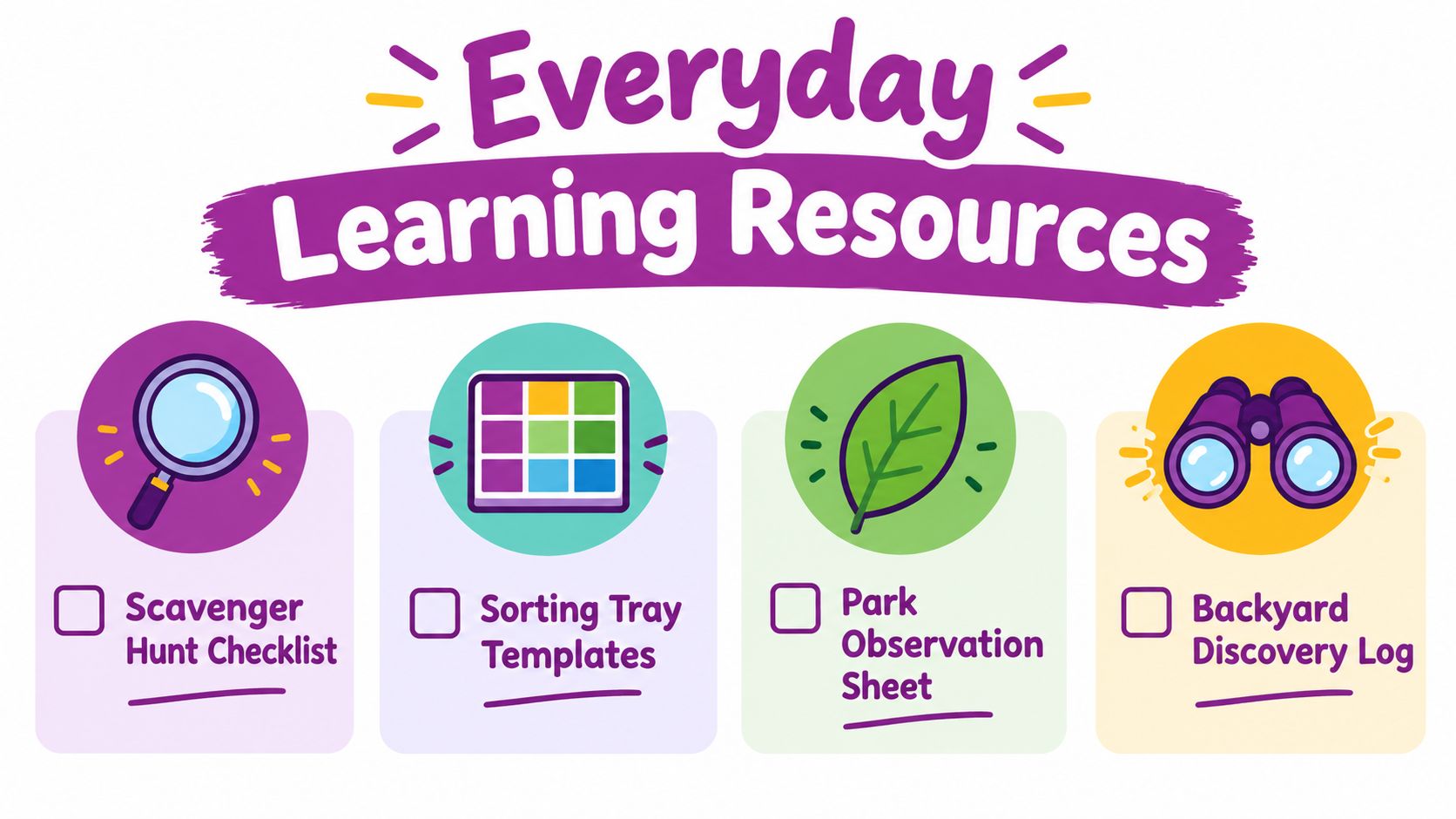 A colorful infographic titled Everyday Learning Resources, displaying icons for scavenger hunt, sorting trays, and nature exploration.