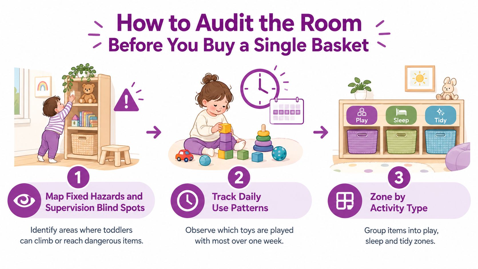 An infographic illustrating three steps for organizing a toddler's room before purchasing storage baskets.
