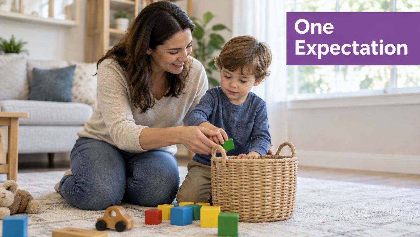 A mother playing with her young child using colorful wooden building blocks in a cozy living room.