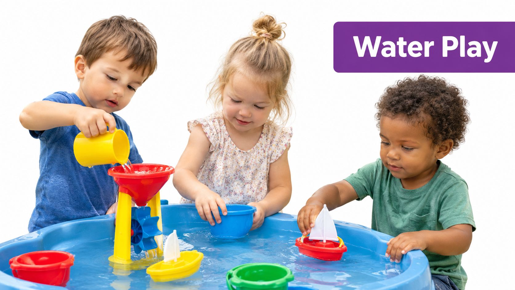 Three young children playing happily with colorful boats and a water wheel in a blue water table.