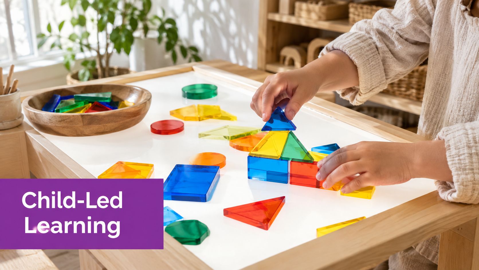 A child plays with translucent colorful geometric plastic shapes on a bright illuminated learning table.