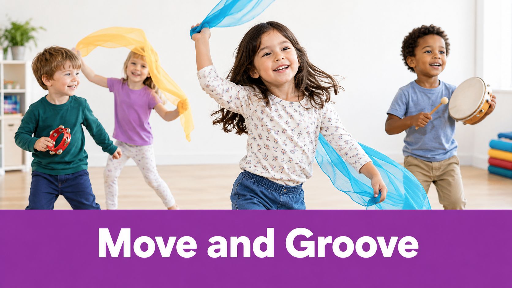 A group of diverse children dancing and playing music with colourful scarves and instruments in a classroom.