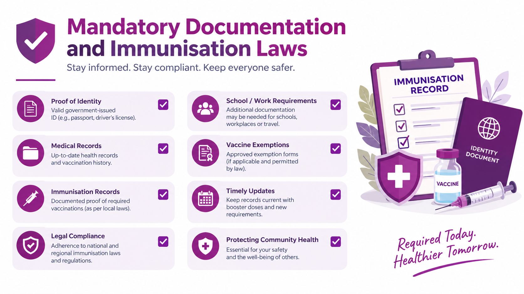 An infographic detailing mandatory documentation and immunization laws with icons and educational checklist information for health compliance.