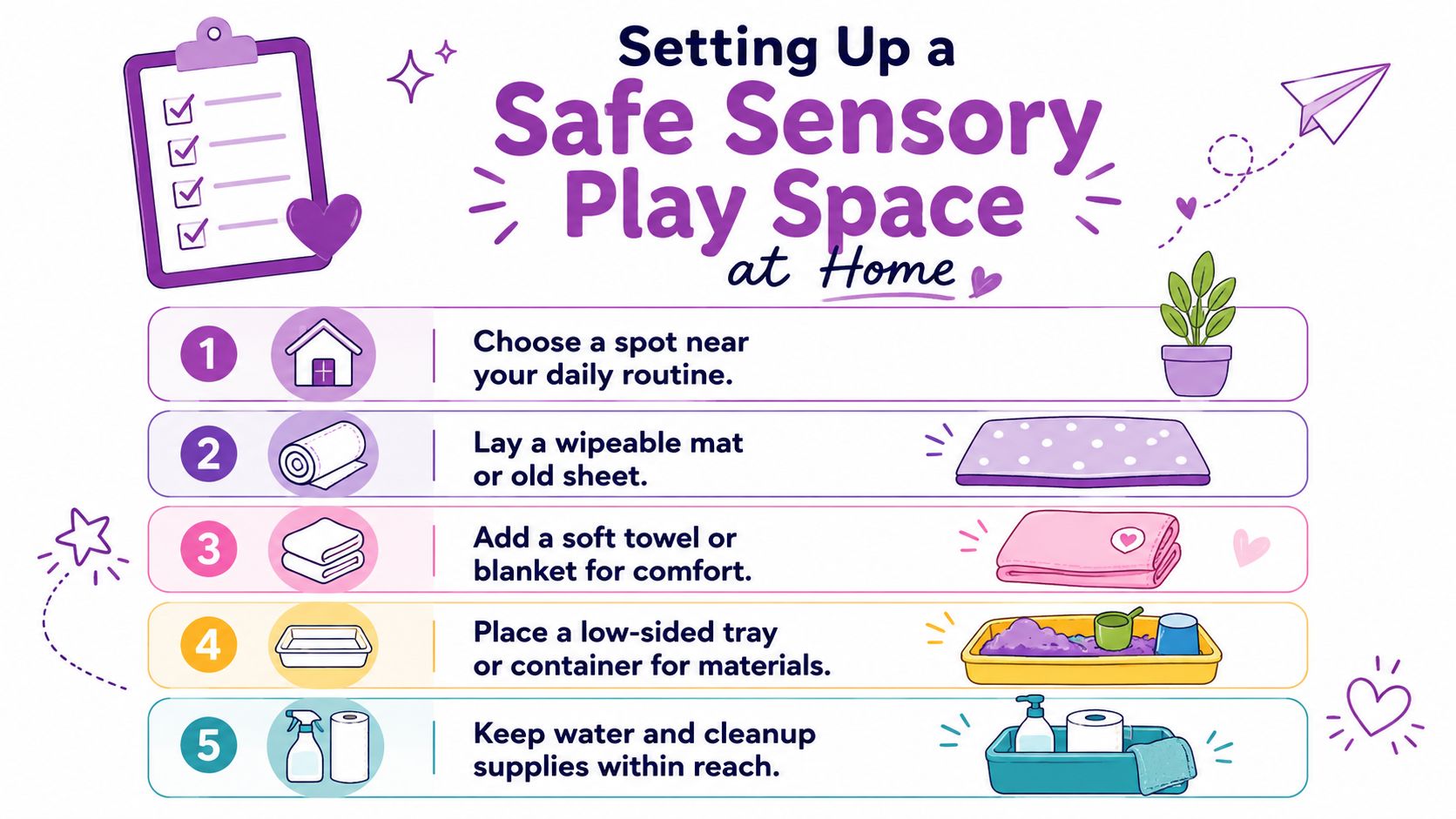 A colorful infographic illustrating five easy steps for creating a safe sensory play area at home.